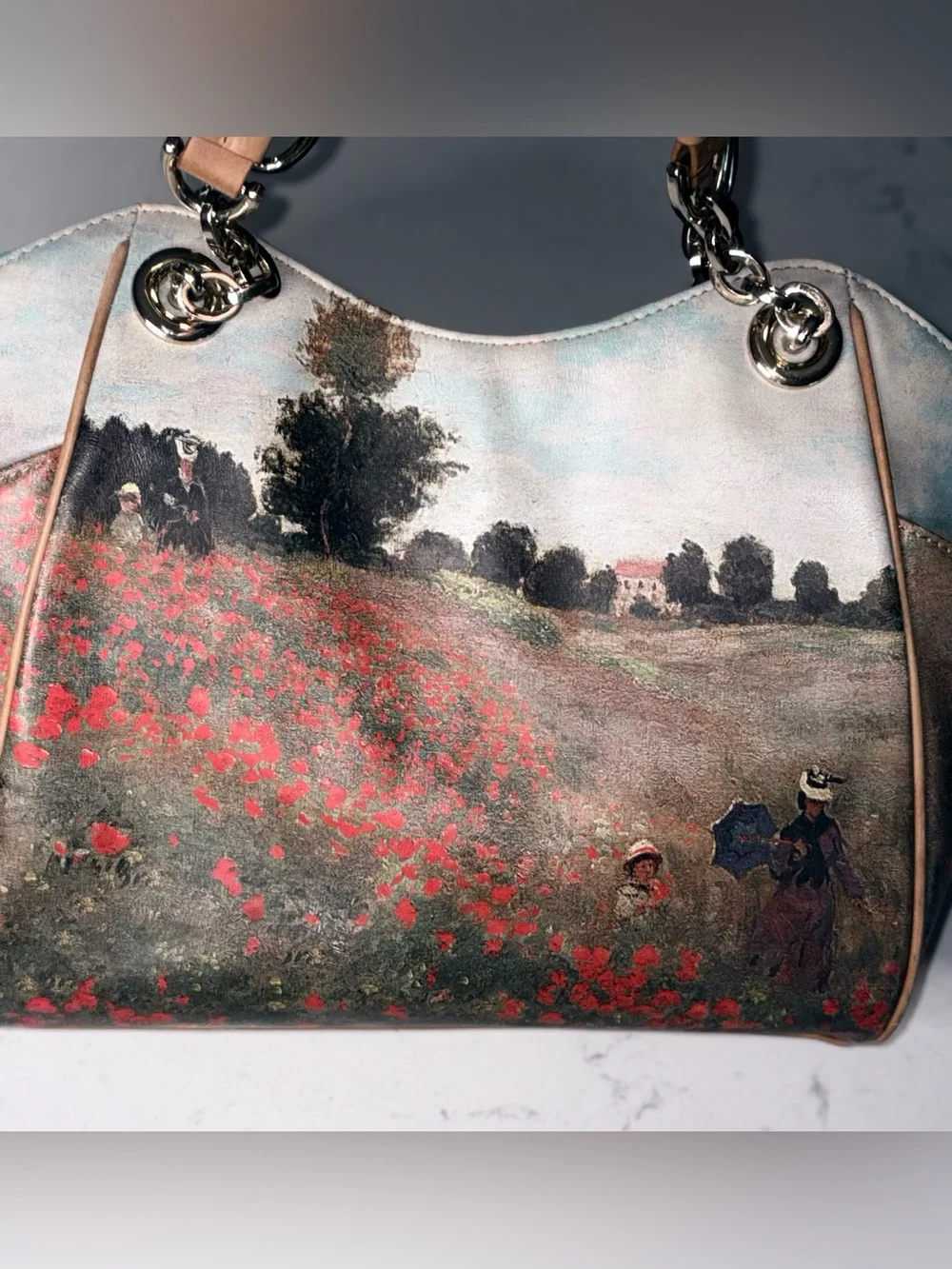 Icon Los Angeles Vintage Leather Tote Bag Claude Monet Poppy Field Art Handbag